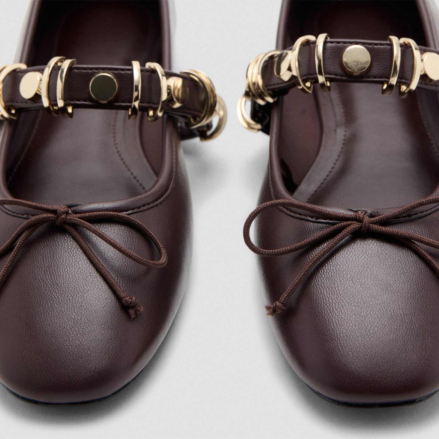 Burgundy Square-Toe Front Bow And Studded Mary Jane Ballet Flats