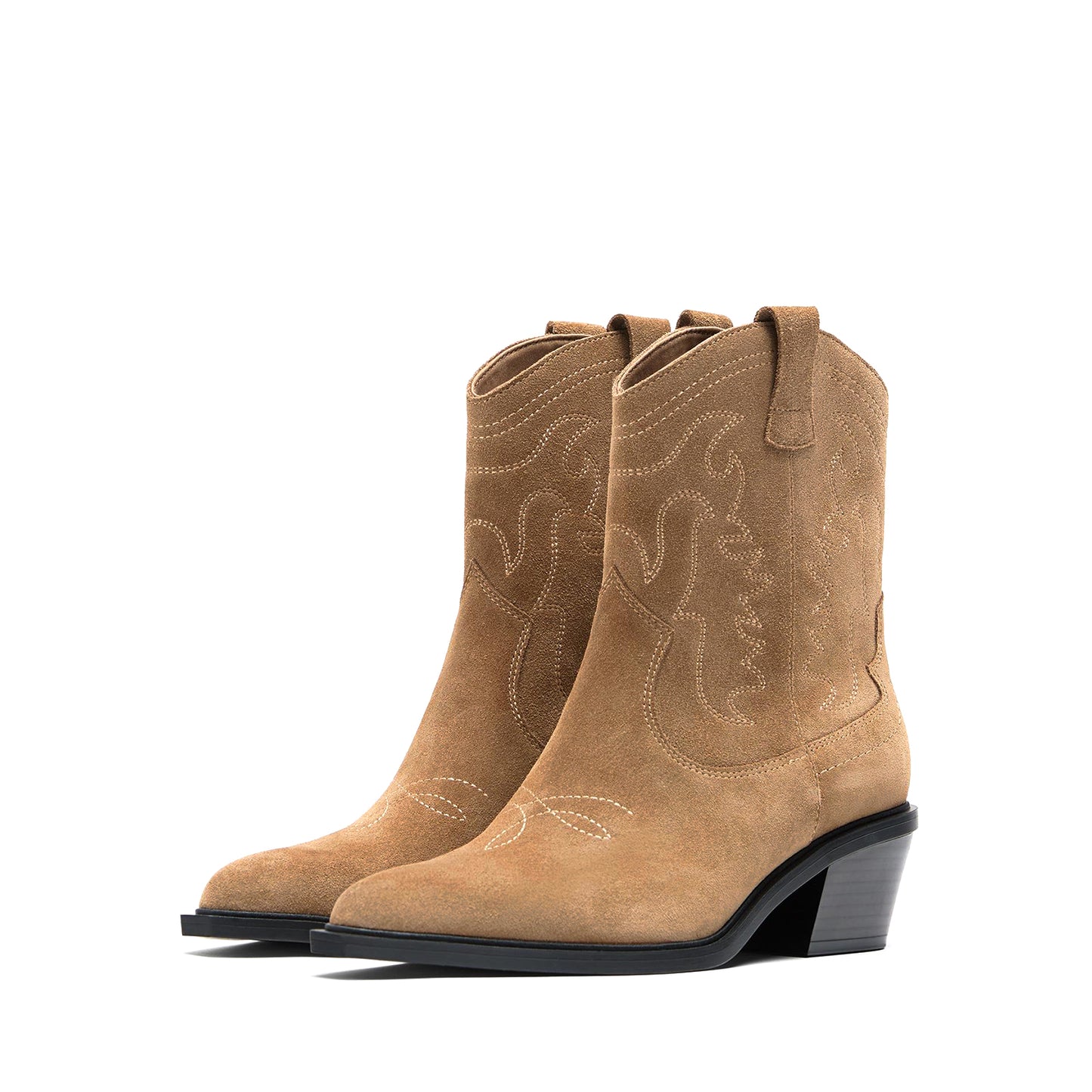 Camel Faux Suede Almond-Toe Embroidery Detail Ankle Cowgirl Boots
