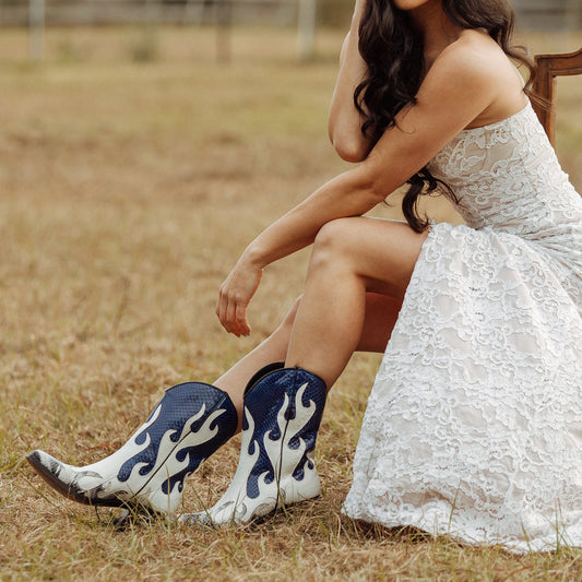 Contrast Colors Snakeskin Print Pointed-Toe Flame Appliques Ankle Cowgirl Boots