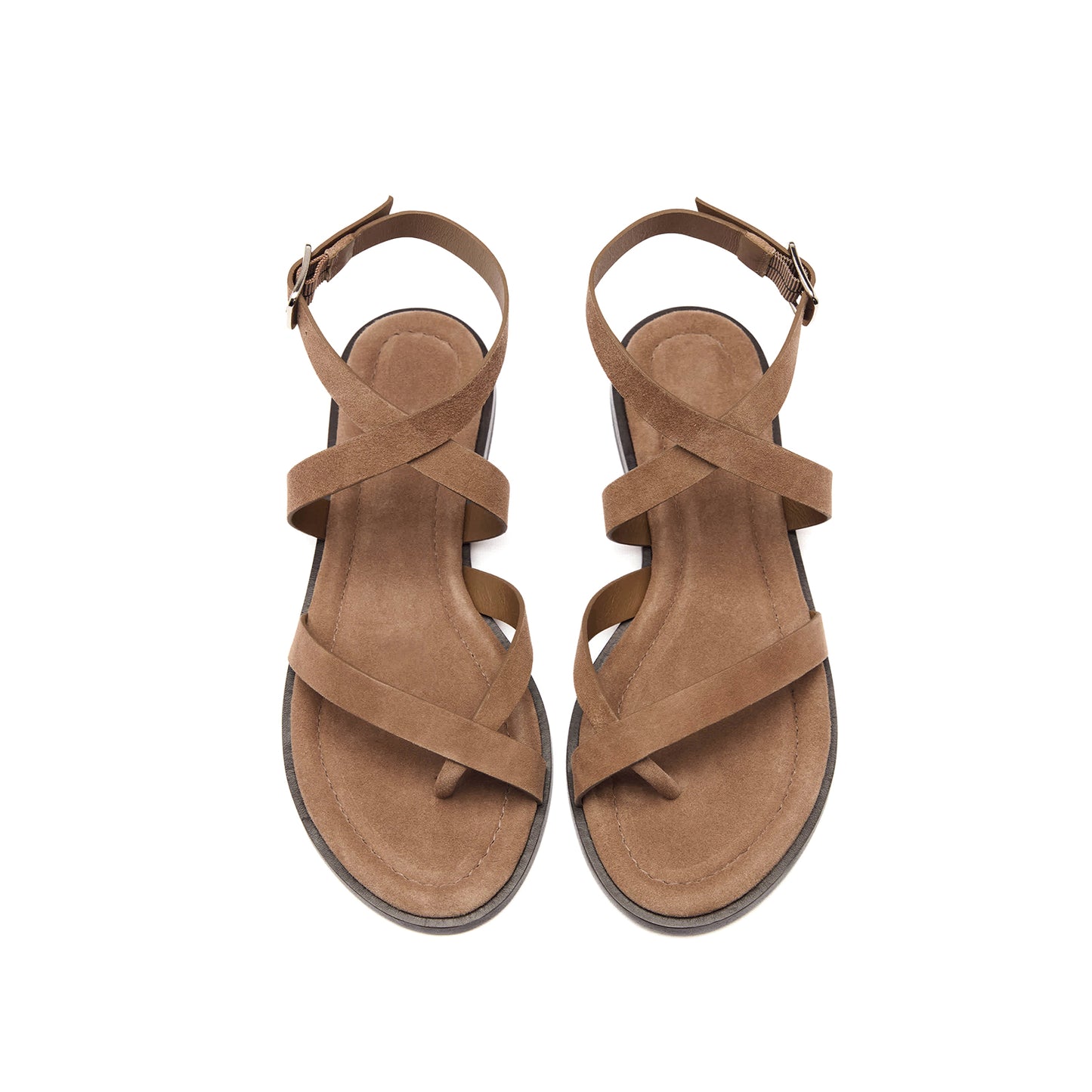 Brown Faux Suede Round-Toe Front And Ankle Strap Sandals Flats