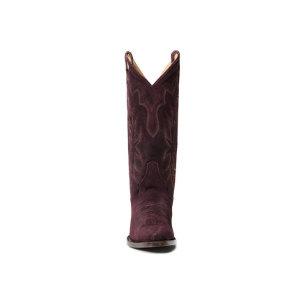 Wine Red Faux Suede Snip-Toe Embroidery Mid Calf Cowgirl Boots