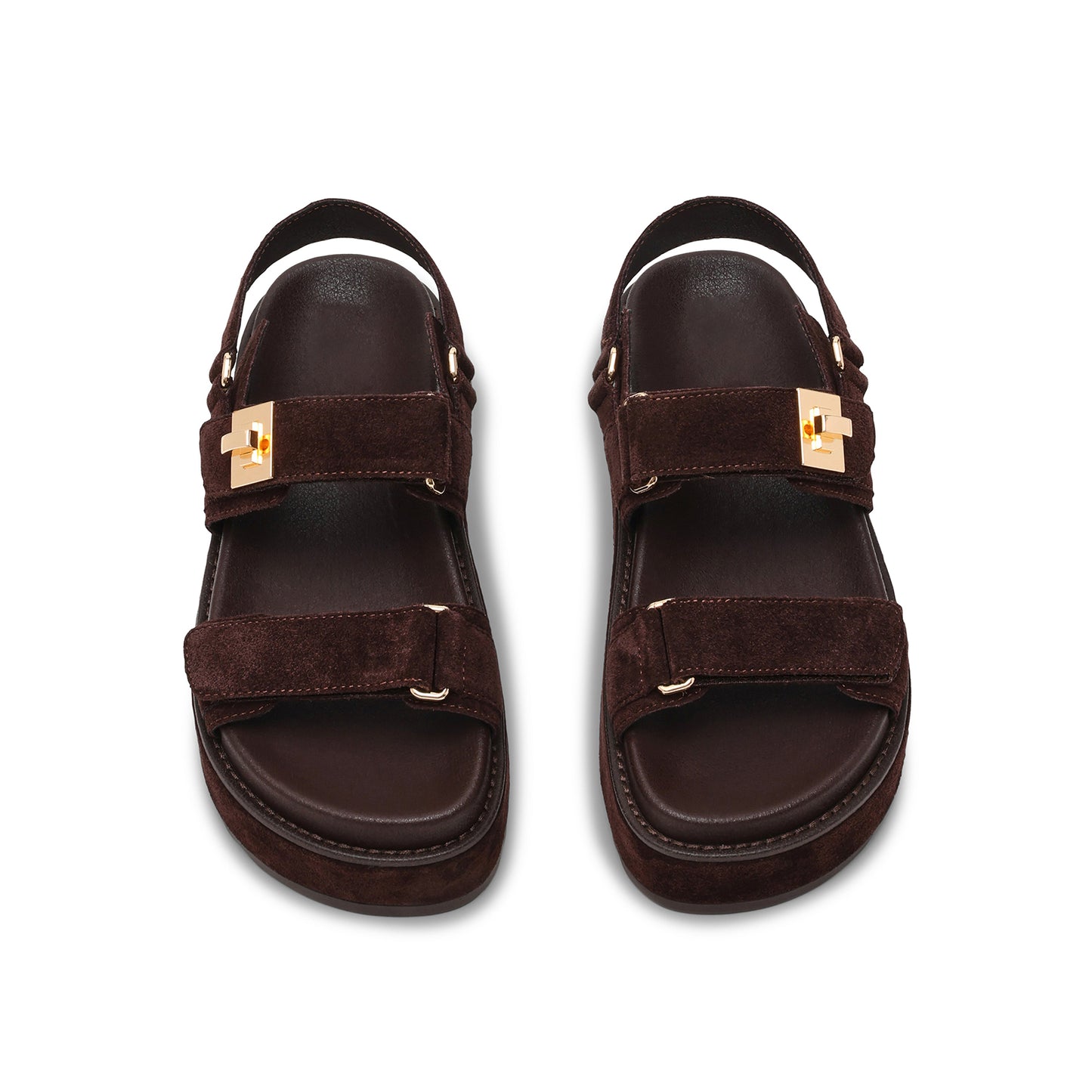 Black Faux Suede Square-Toe Three Straps Sandals Flats