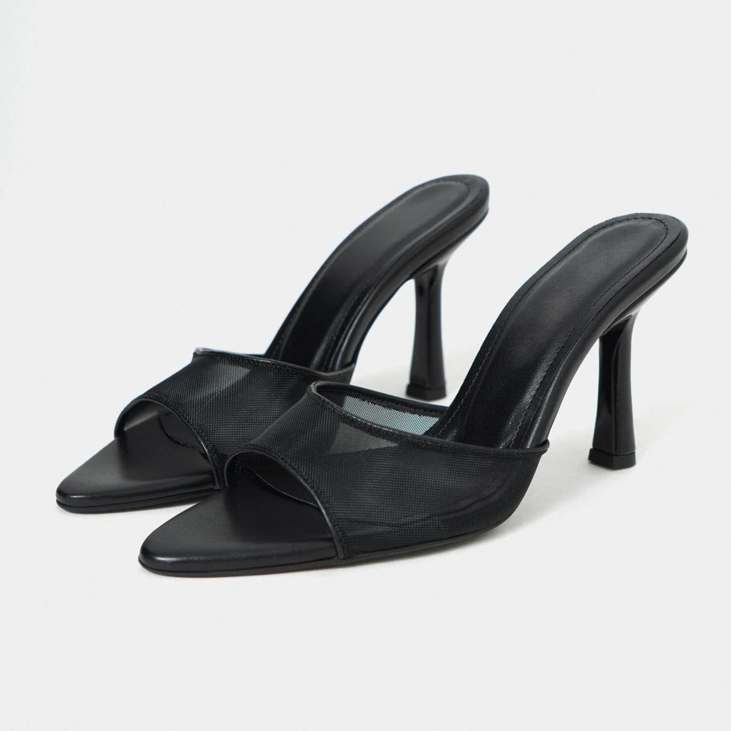 Black Mesh And Vegan Leather Pointed-Toe Backless Simple Pumps High Heels