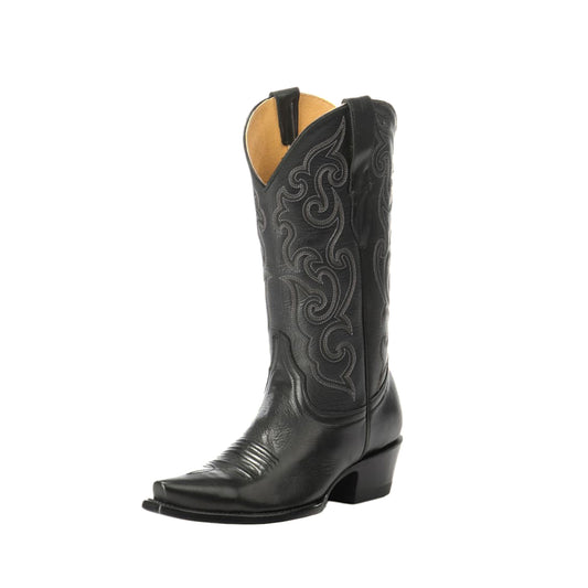 Black Snip-Toe Delicate Embroidery Mid Calf Classic Cowgirl Boots