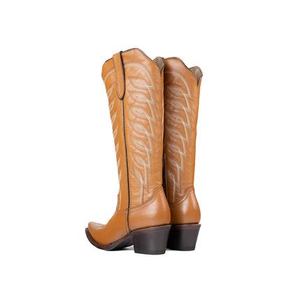 Bronze Snip-Toe Half-Zip Embroidery Knee High Cowgirl Boots