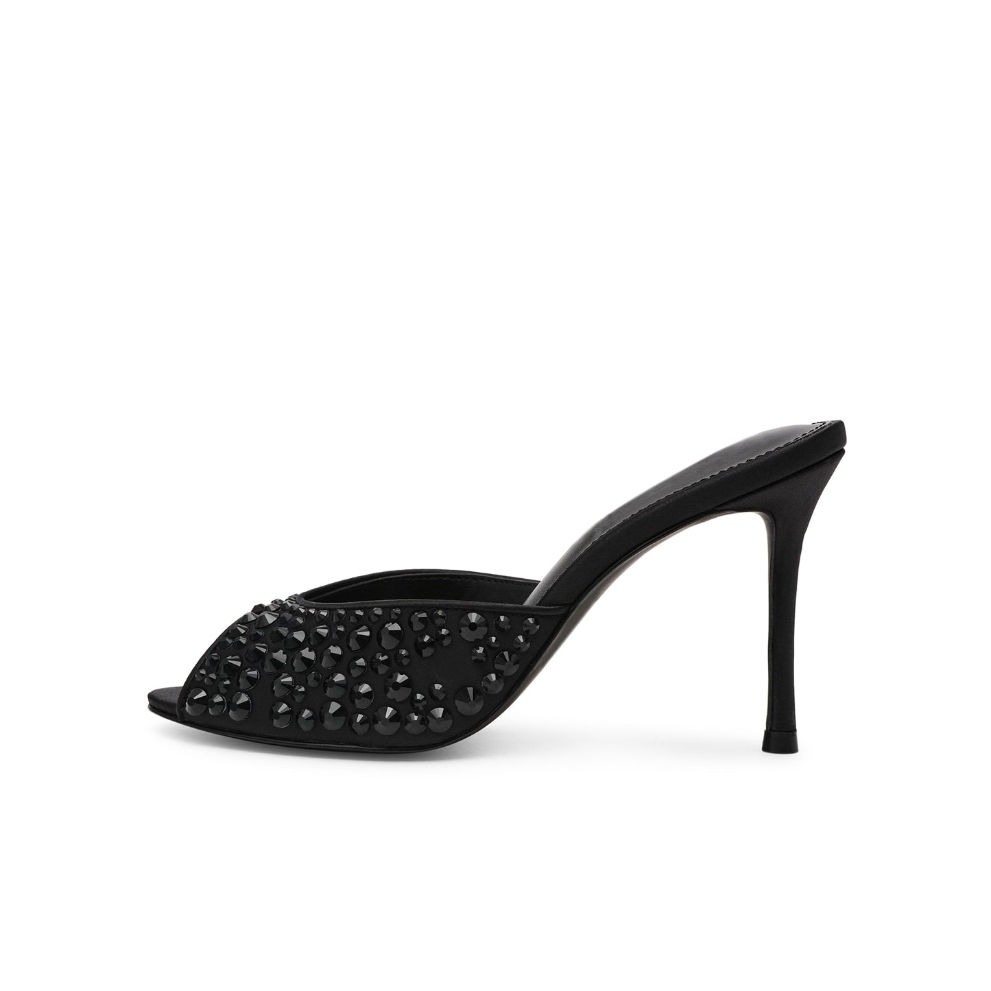 Black Satin Open Almond-Toe Rhinestone Backless High Heels