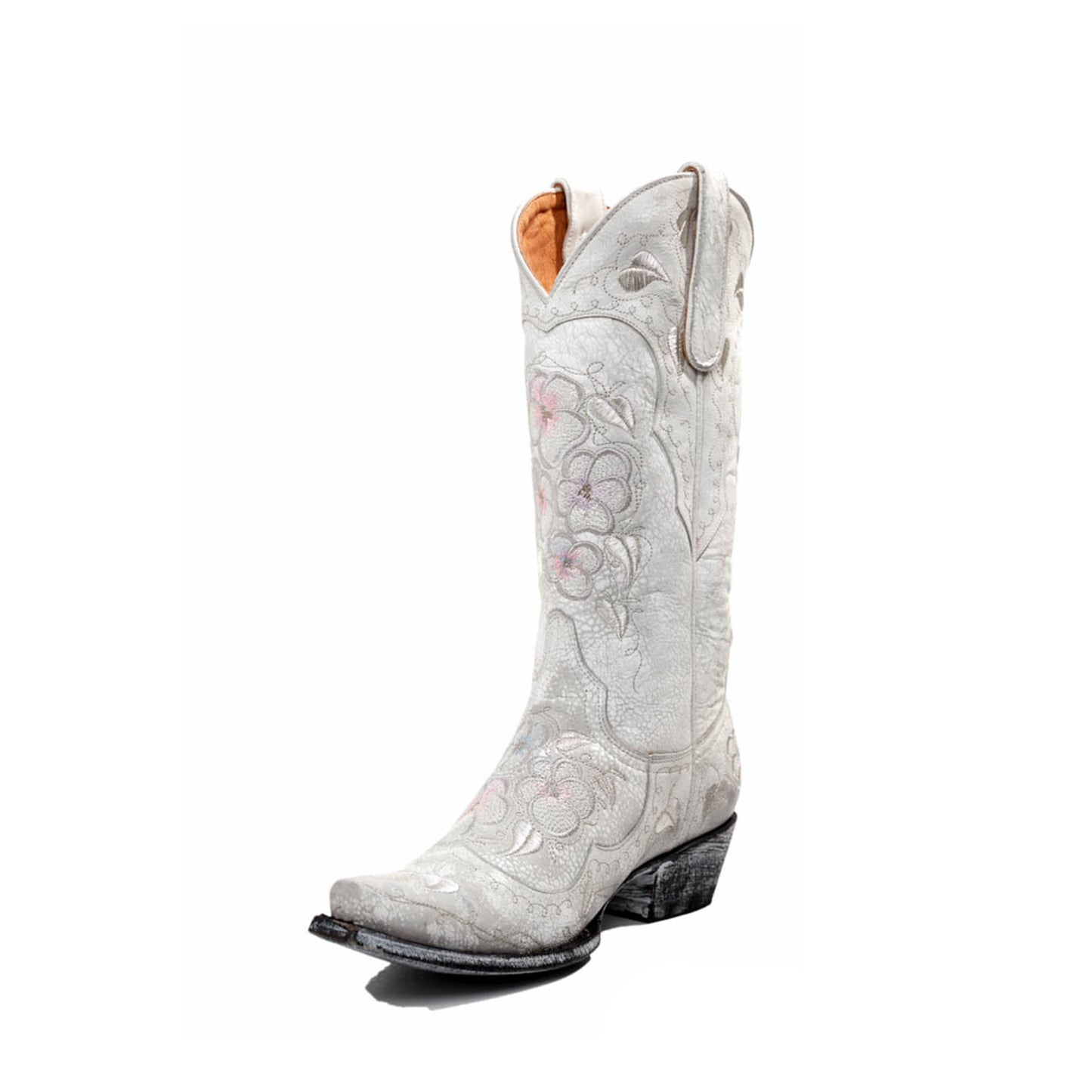 Crinkle White Snip-Toe Florals Embroidery Mid Calf Classic Cowgirl Boots