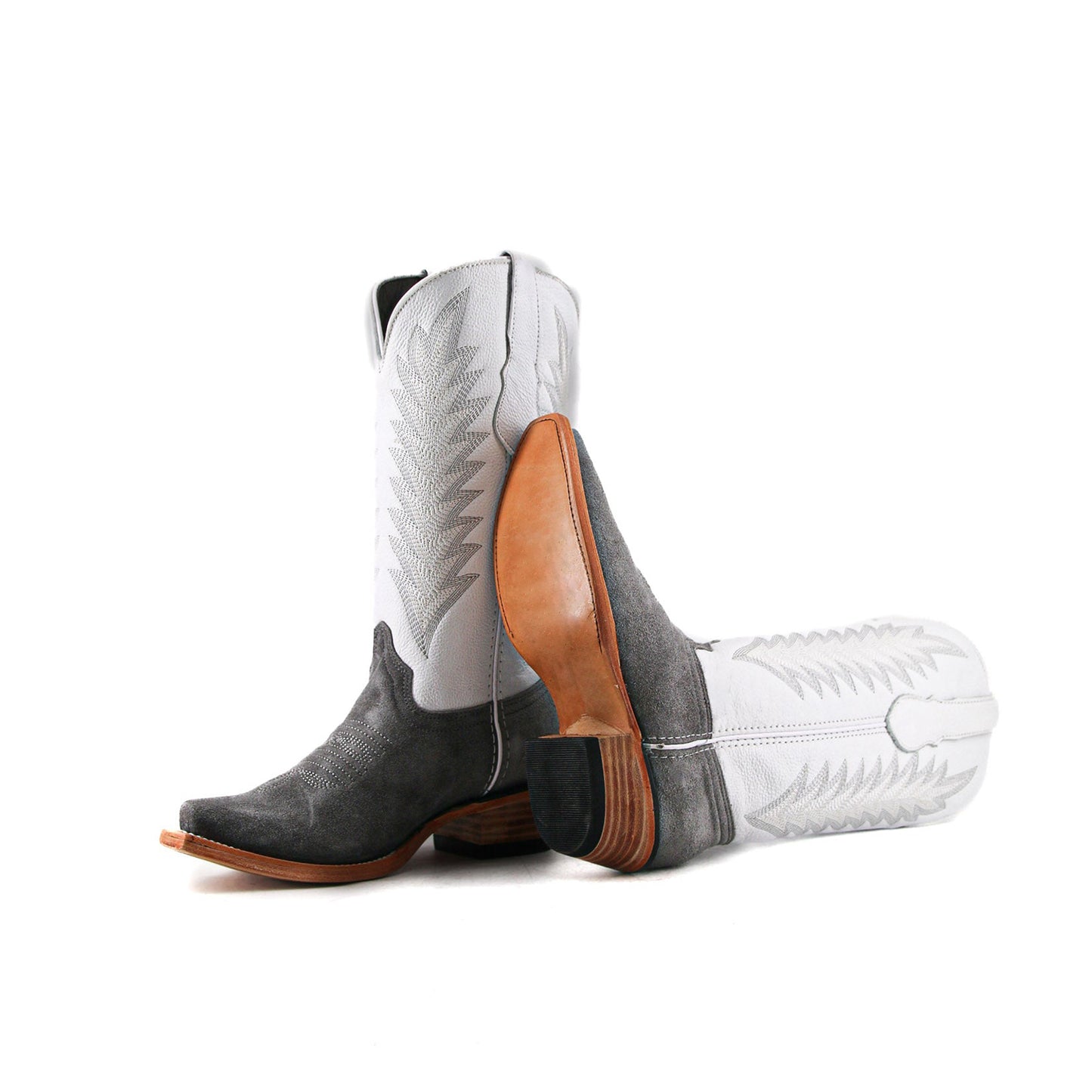 Contrast White And Gray Faux Suede Snip-Toe Embroidery Mid Calf Cowgirl Boots