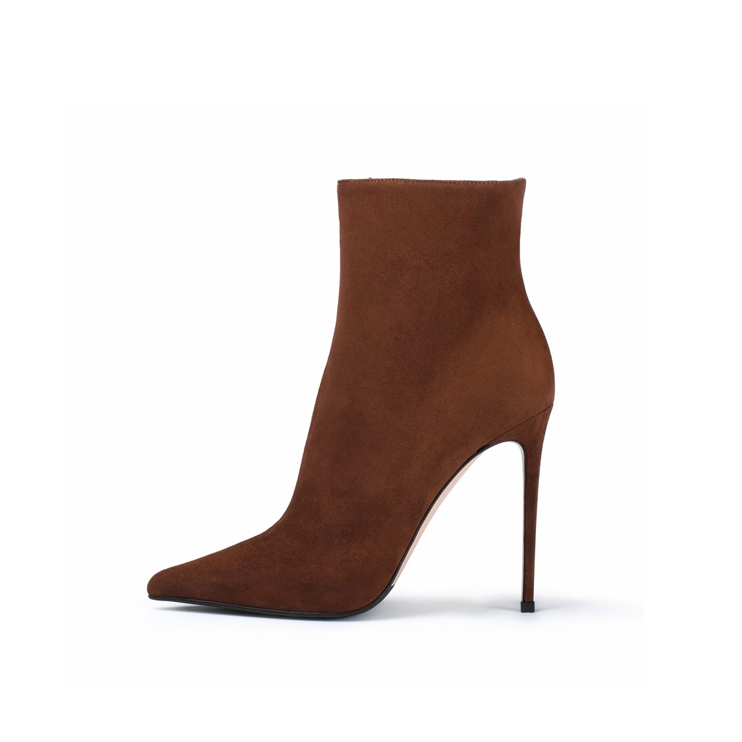 Brown Faux Suede Pointed-Toe Simple Full-Zip Ankle Stiletto Boots