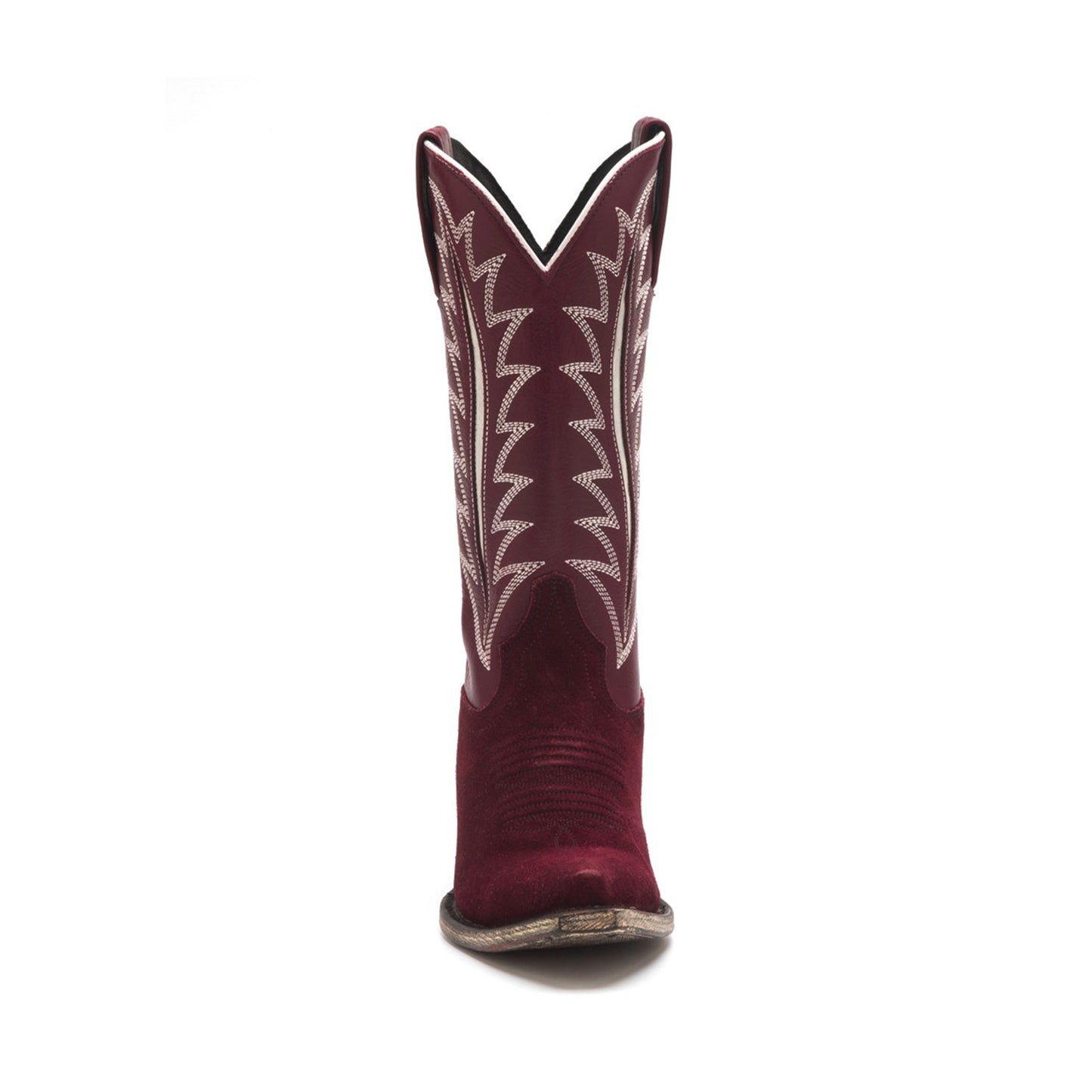 Burgundy Contrast Vegan Leather And Faux Suede Snip-Toe Inlay Embroidery Mid Calf Cowgirl Boots