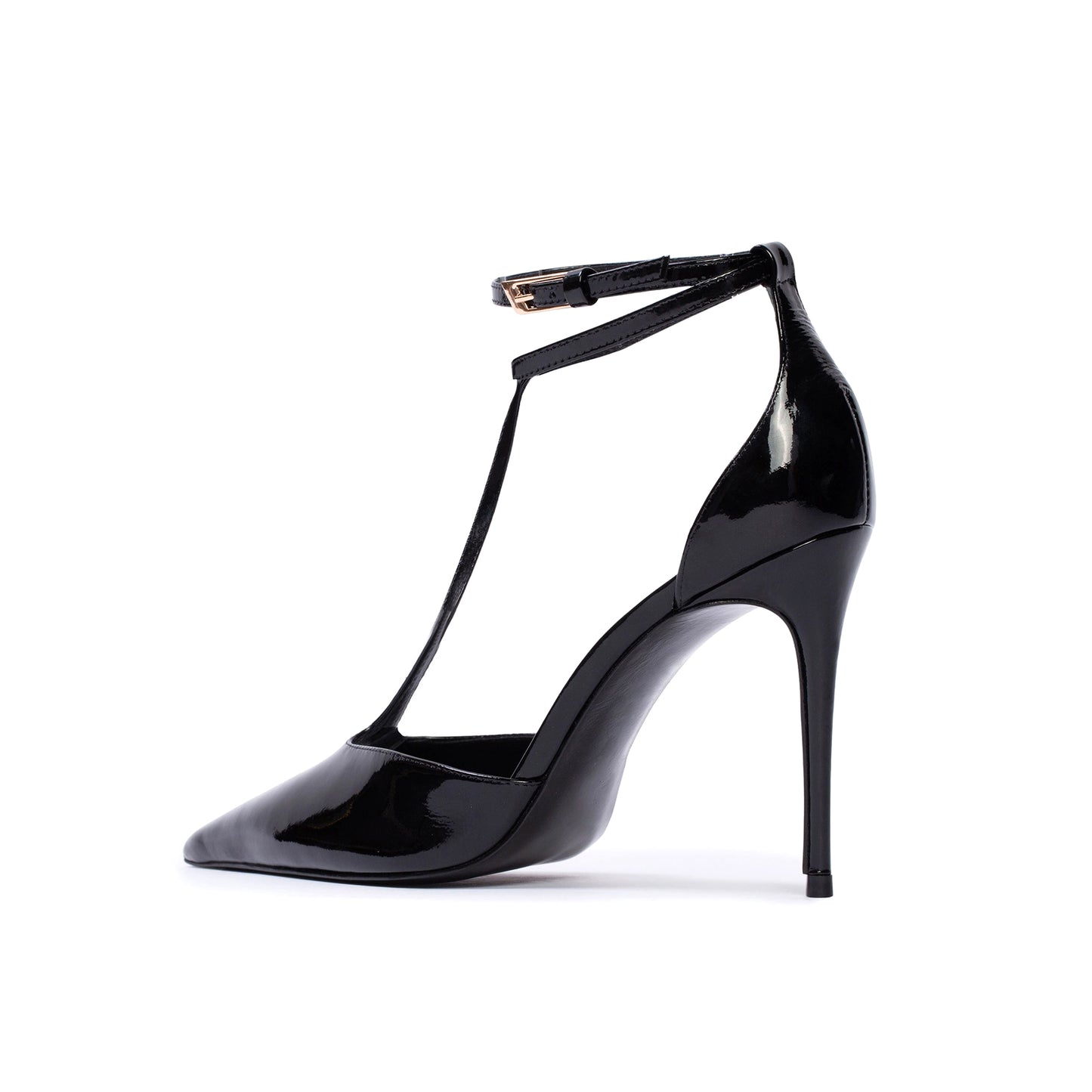 Patent Black Pointed Toe Ankle Strap With Buckle High Stiletto Heel