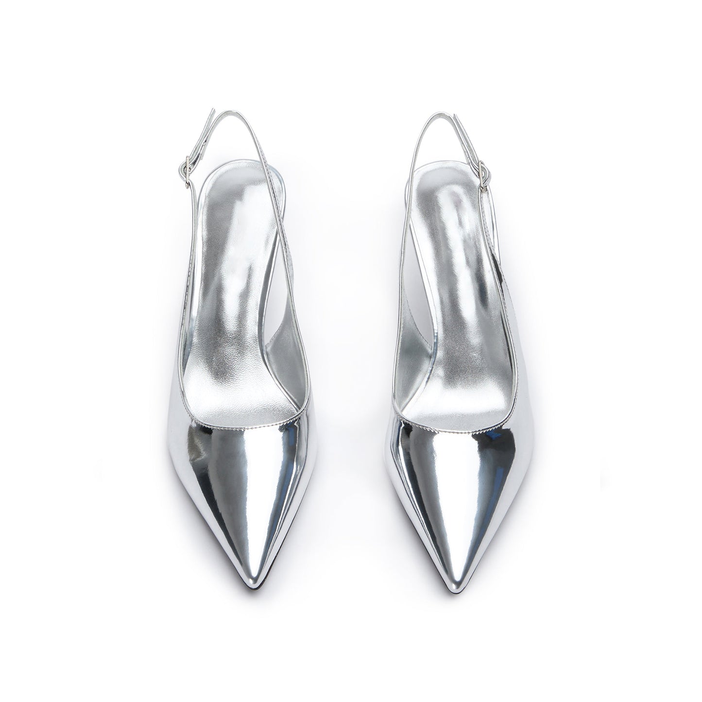 Metallic Silver Pointed-Toe Classic Buckle Slingback Kitten Heels
