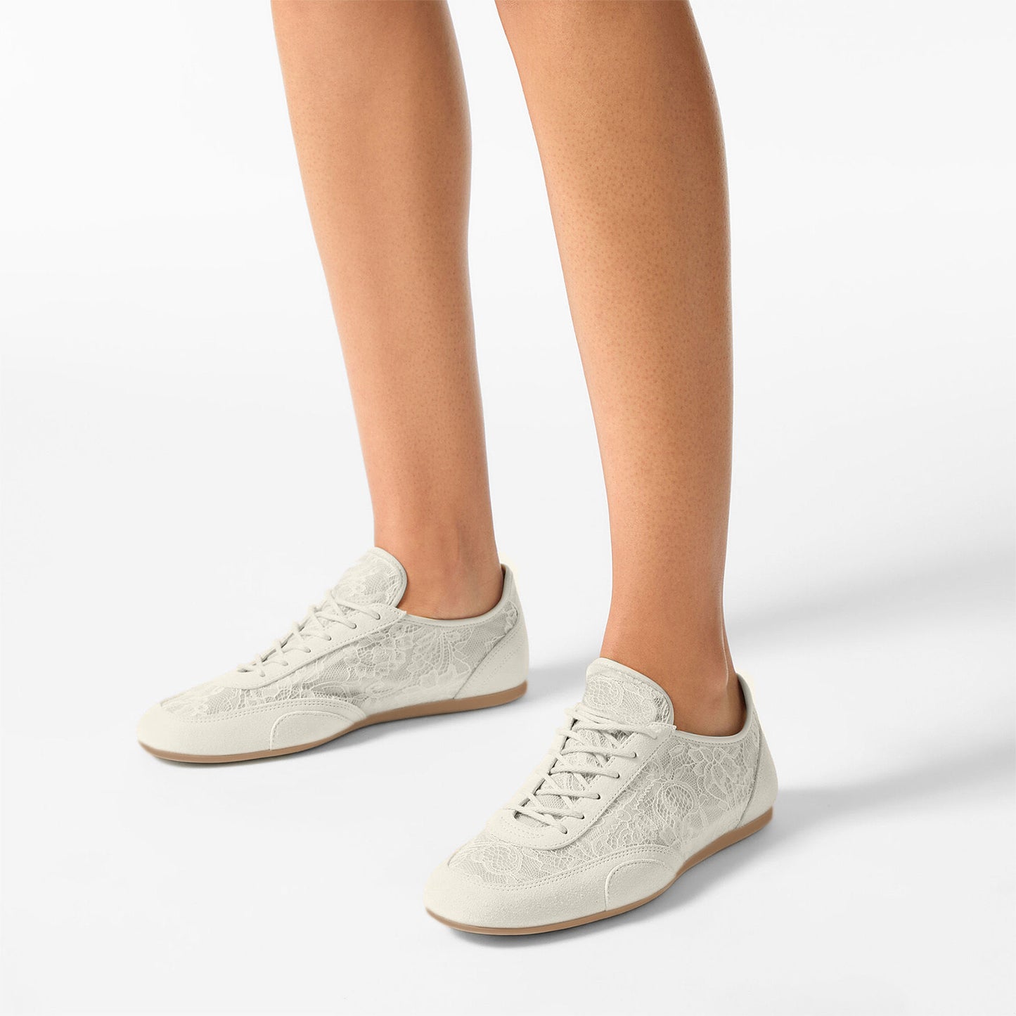 Ivory Faux Suede And Lace Mesh Round-Toe Lace-Up Sneakers Flats