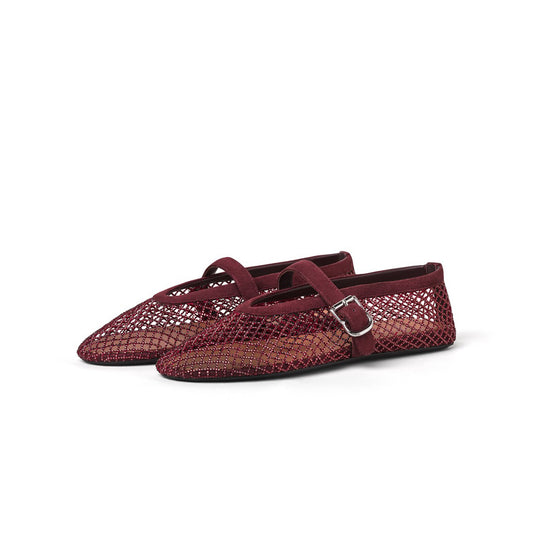 Brown Mesh With Rhinestones Round-Toe Mary Jane Ballet Flats