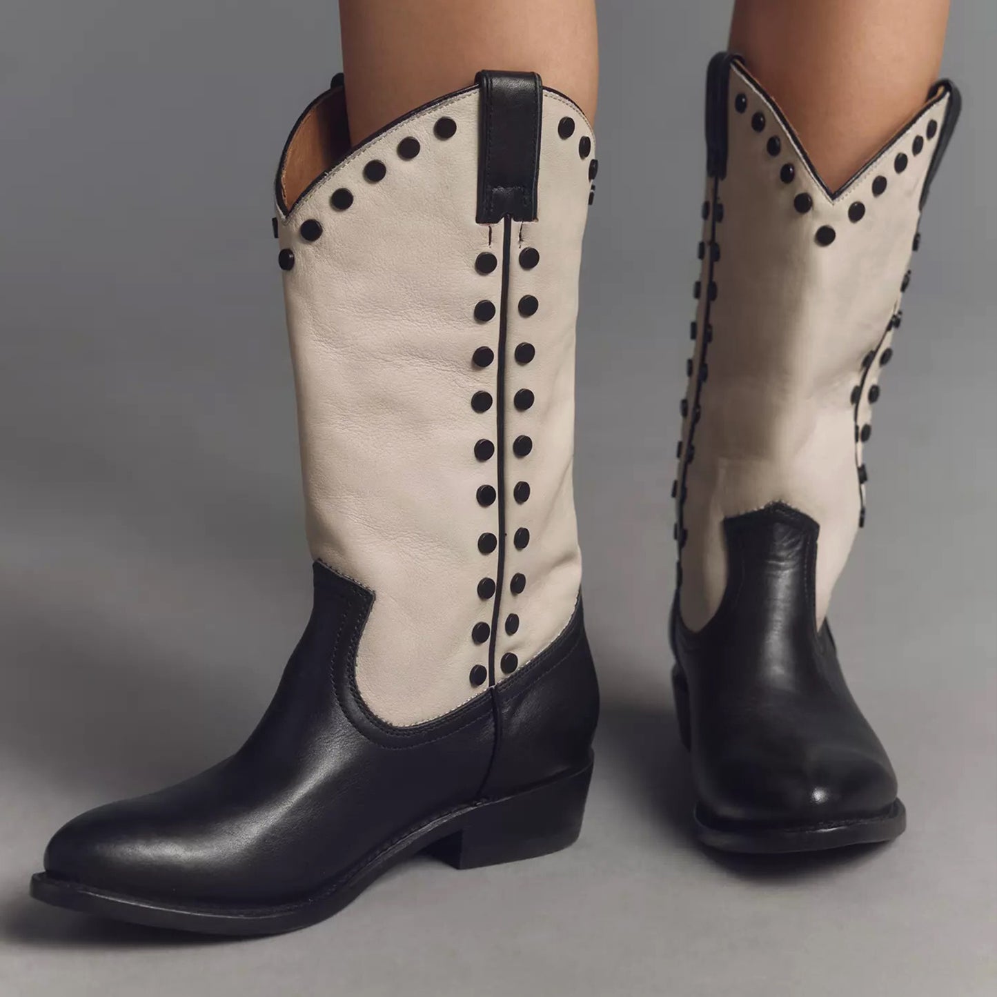 Contrast Bone And Black Round-Toe Studded Chic Mid Calf Cowgirl Boots