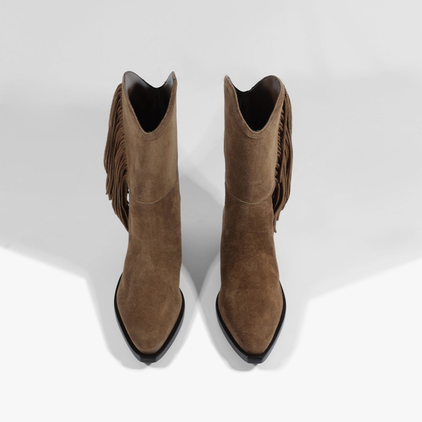 Brown Faux Suede Pointed-Toe Side Fringe Mid Calf Cowgirl Boots