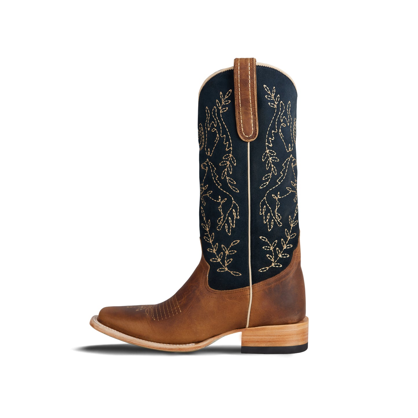 Contrast Navy And Brown Square-Toe Western Embroidery Mid Calf Cowgirl Boots