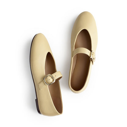 Yellow Vegan Leather Round-Toe Buckle Bridge Strap Slip-On Flats