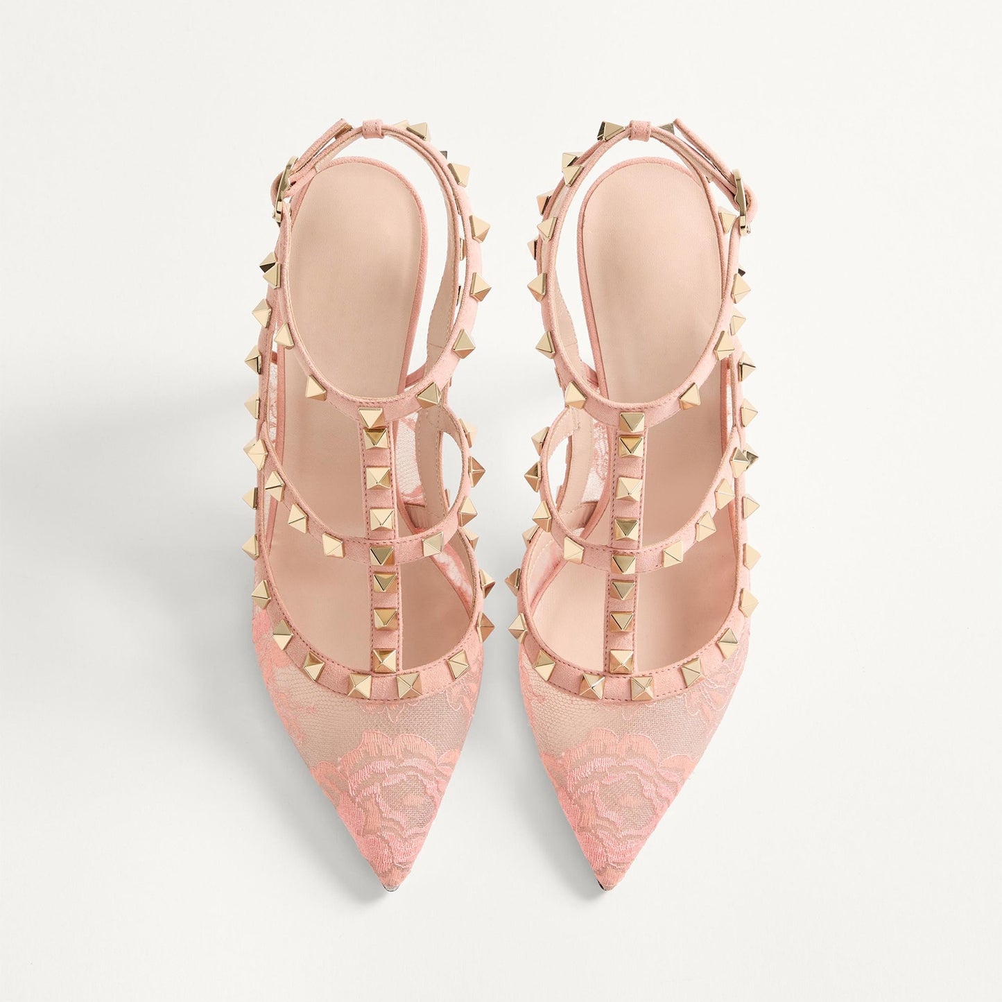 Pink Lace Mesh Pointed-Toe Studded Strappy Slingback High Heels