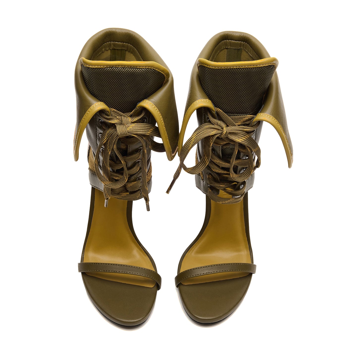 Green Open Round-Toe Mesh And Lace-Up Shaft Back Metallic Design Stiletto High Heels
