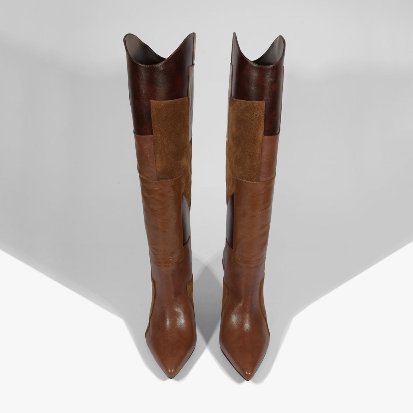 Brown Pointed-Toe Patch Detail Wide Calf Knee High Stiletto Boots