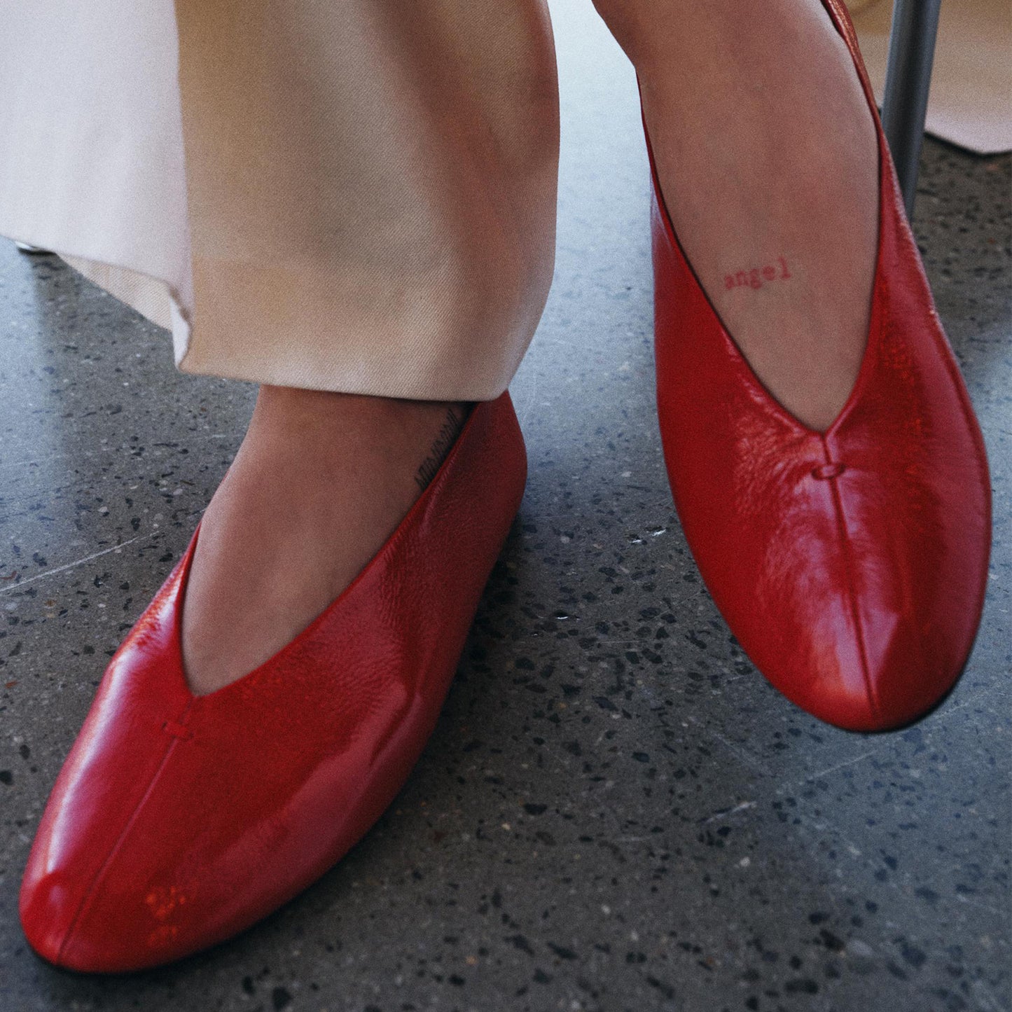 Patent Red Round-Toe V-Neckline Ballet Flats