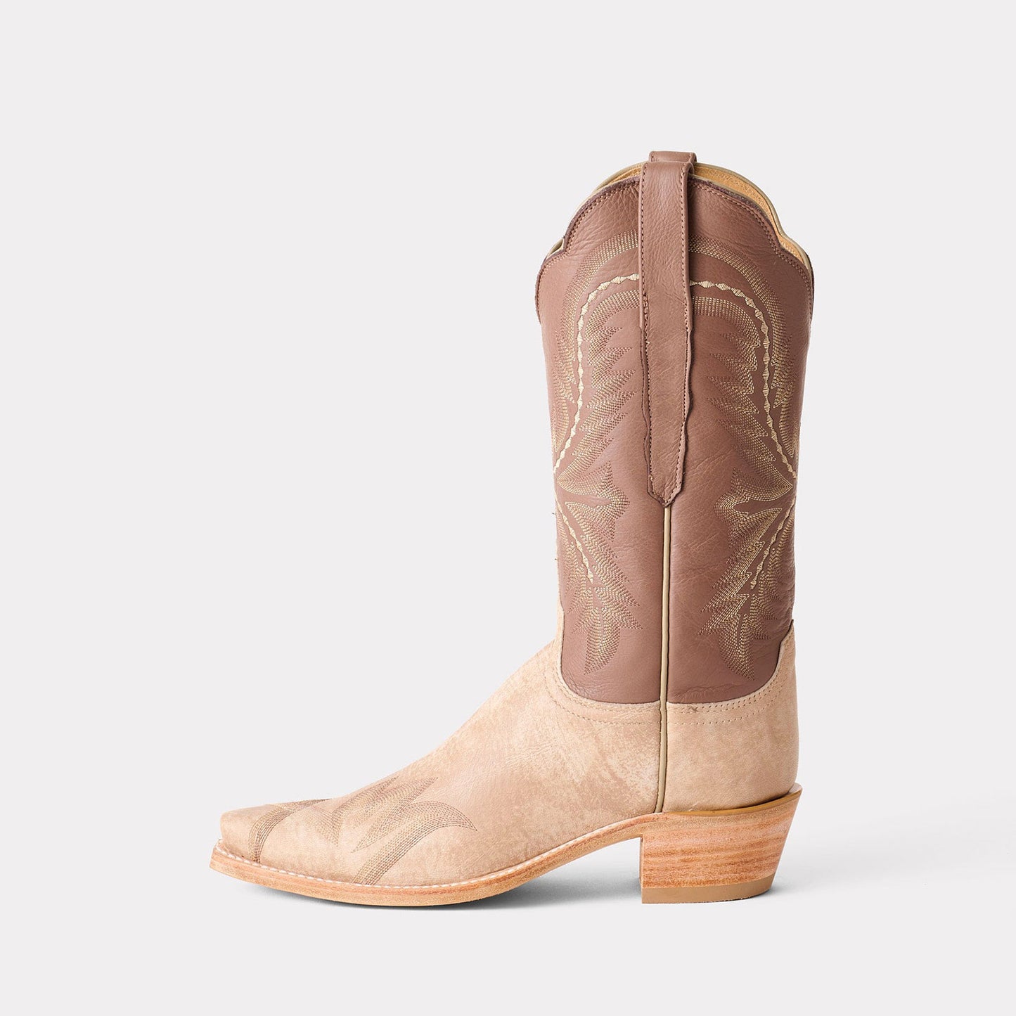 Contrast Tan And Beige Snip-Toe Western Embroidery Mid Calf Chic Cowgirl Boots