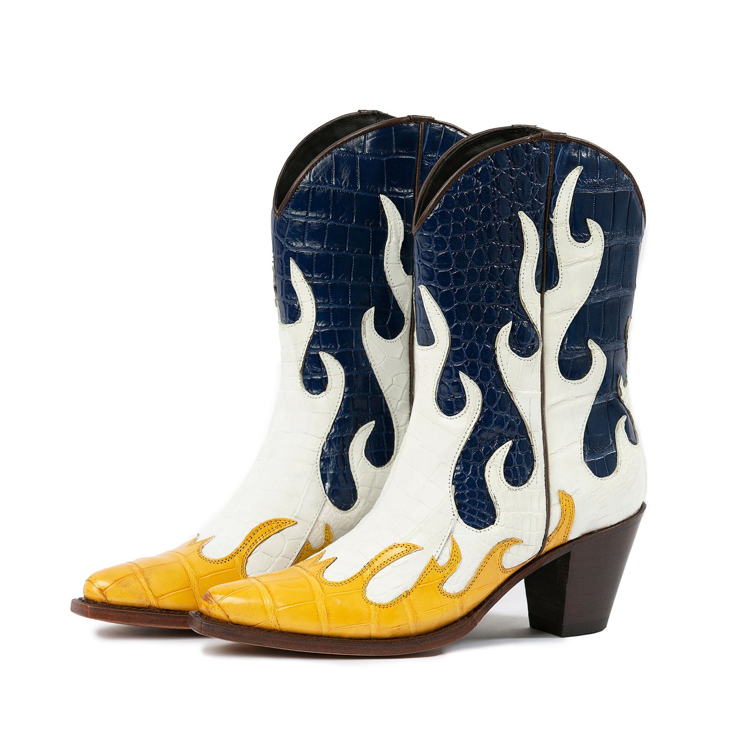Contrast Tri-Colors Crocodile Print Pointed-Toe Flame Appliques Ankle Cowgirl Boots
