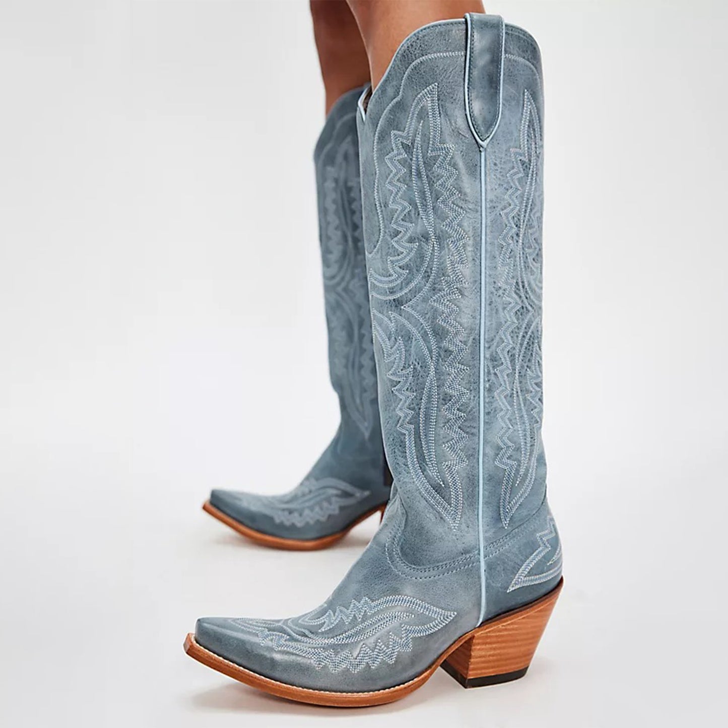 Distressed Blue Snip-Toe Embroidery Half-Zip Knee High Cowgirl Boots