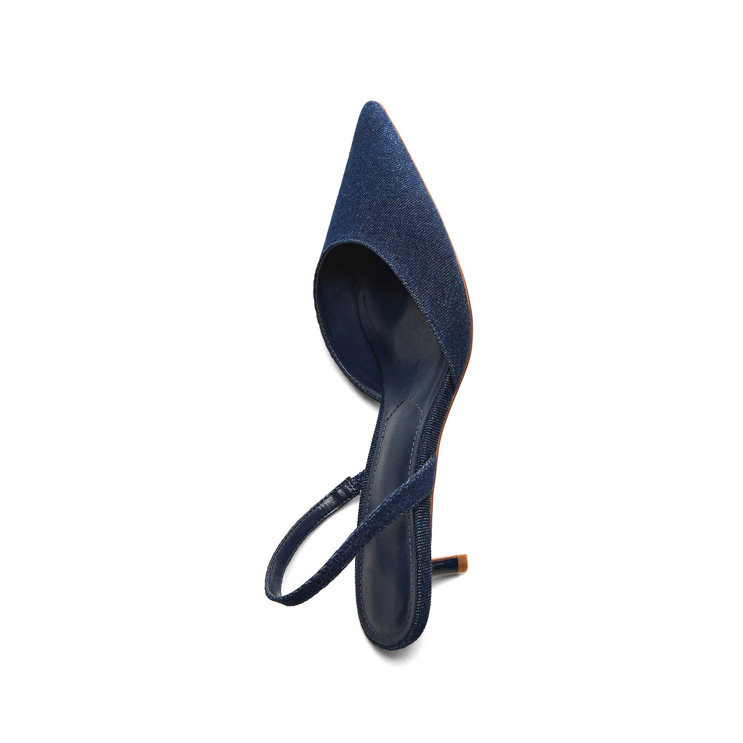 Navy Denim Pointed-Toe Slingback No Fastening Stiletto Kitten Heels