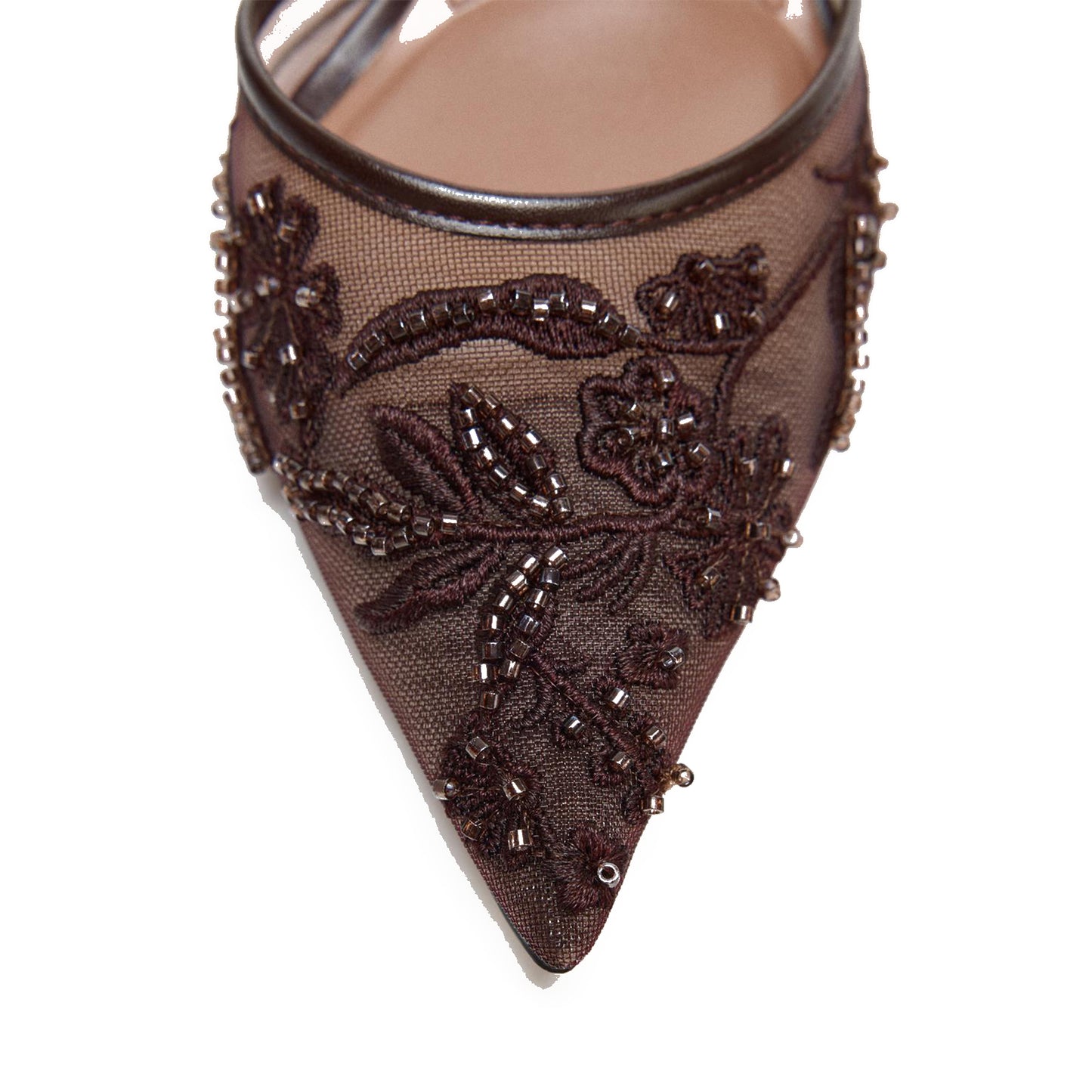 Brown Mesh Pointed-Toe Embroidery With Metal And Slingback Kitten Heels