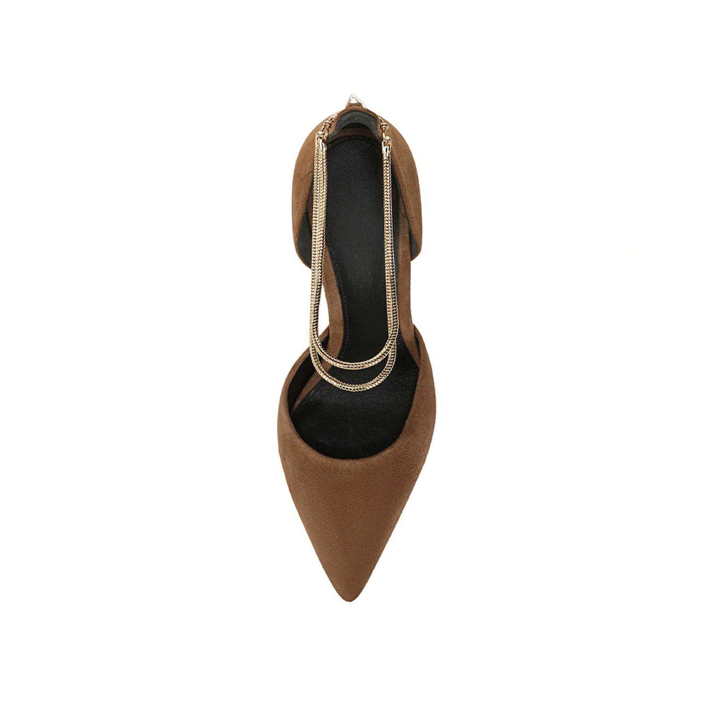 Brown Faux Suede Pointed-Toe Double Gold Ankle Chains High Heels