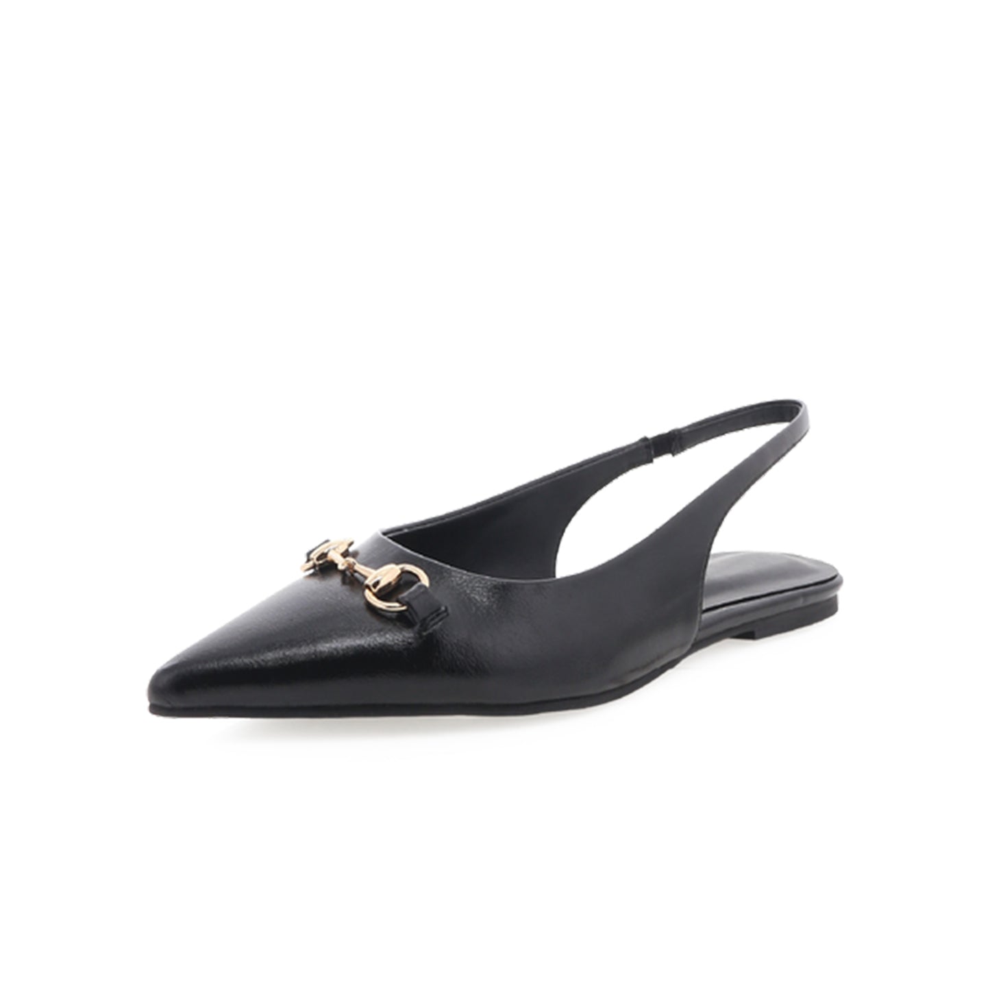 Black Pointed-Toe Front Gold Chain Slingback Flats