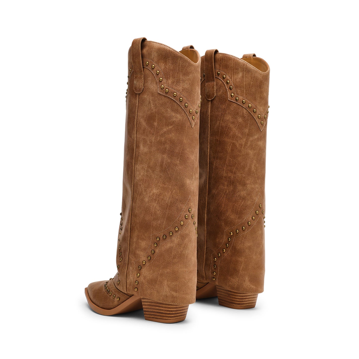 Cognac Pointed-Toe Studded Fold-Over Wide Calf Knee High Cowgirl Boots