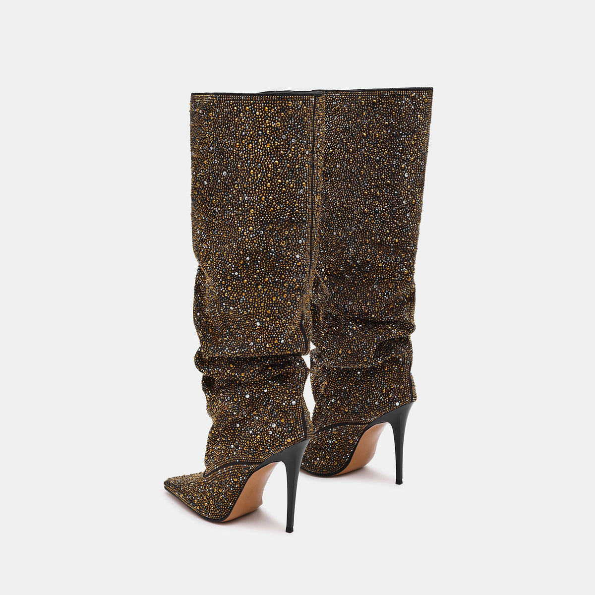 Black Faux Suede Pointed-Toe Full Gold Rhinestones Wide Calf Knee High Stiletto Boots