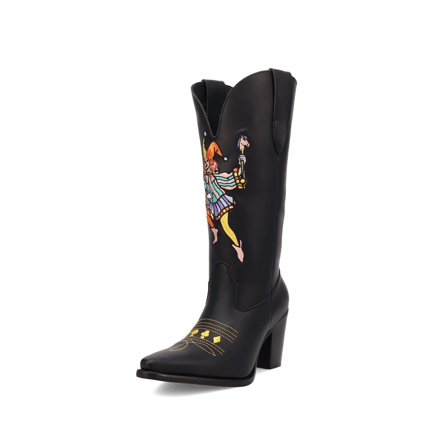 Black Snip-Toe Joker Embroidery Mid Calf Cowgirl Boots