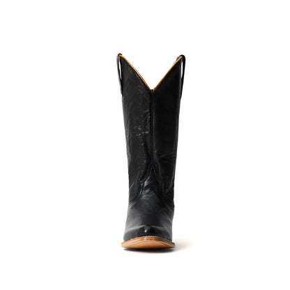 Black Pointed-Toe Simple Mid Calf Cowgirl Boots
