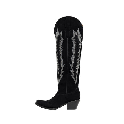 Black Faux Suede Snip-Toe Embroidery Wide Calf Over-The-Knee Cowgirl Boots