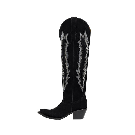 Black Faux Suede Snip-Toe Embroidery Wide Calf Over-The-Knee Cowgirl Boots