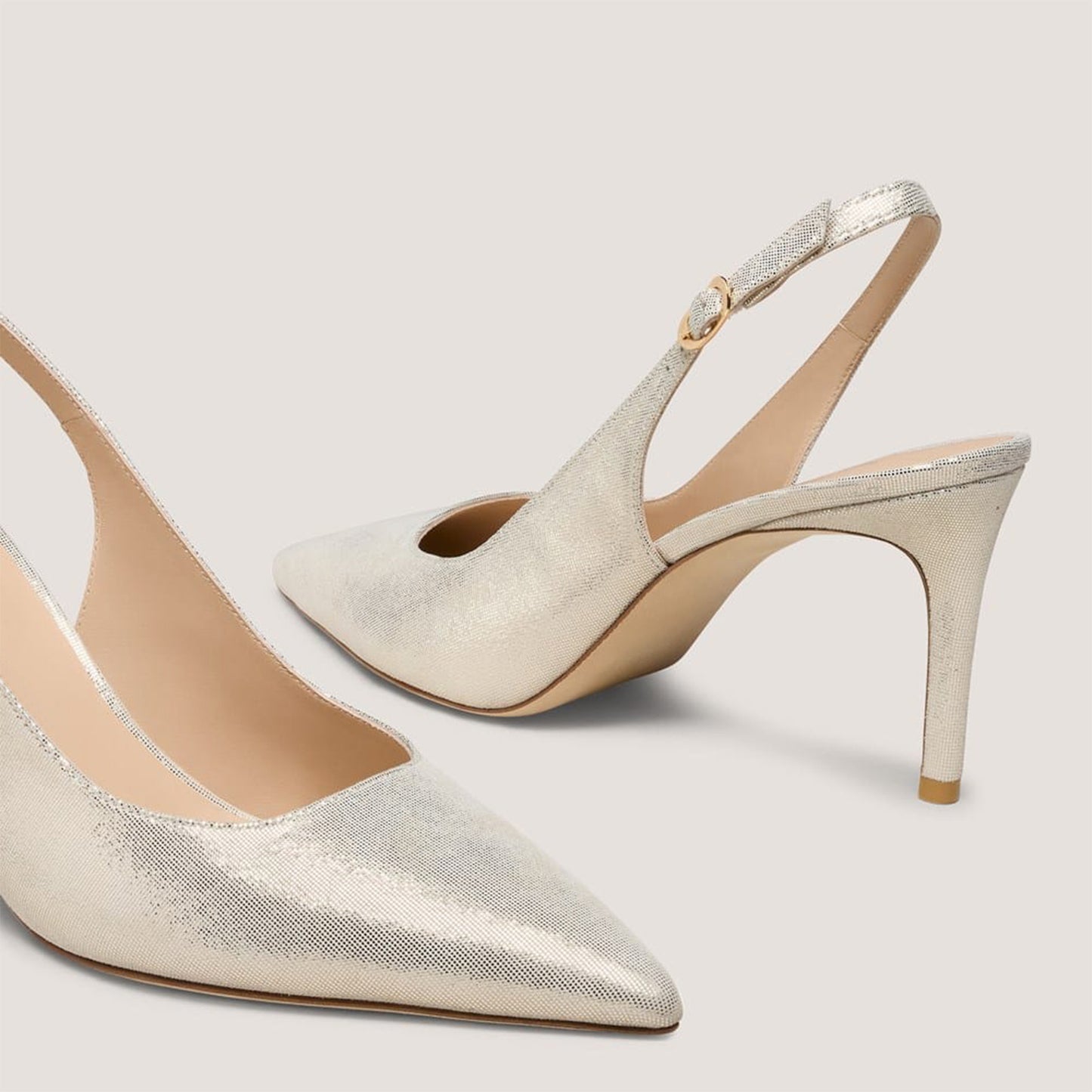 Metallic Silver Vegan Leather Pointed-Toe Classic Buckle Back Strap Kitten Heels