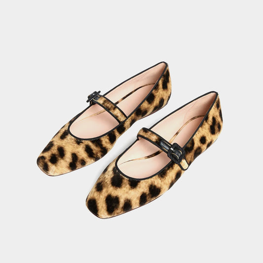 Leopard Faux Suede Square-Toe Bridge Strap Ballet Flats