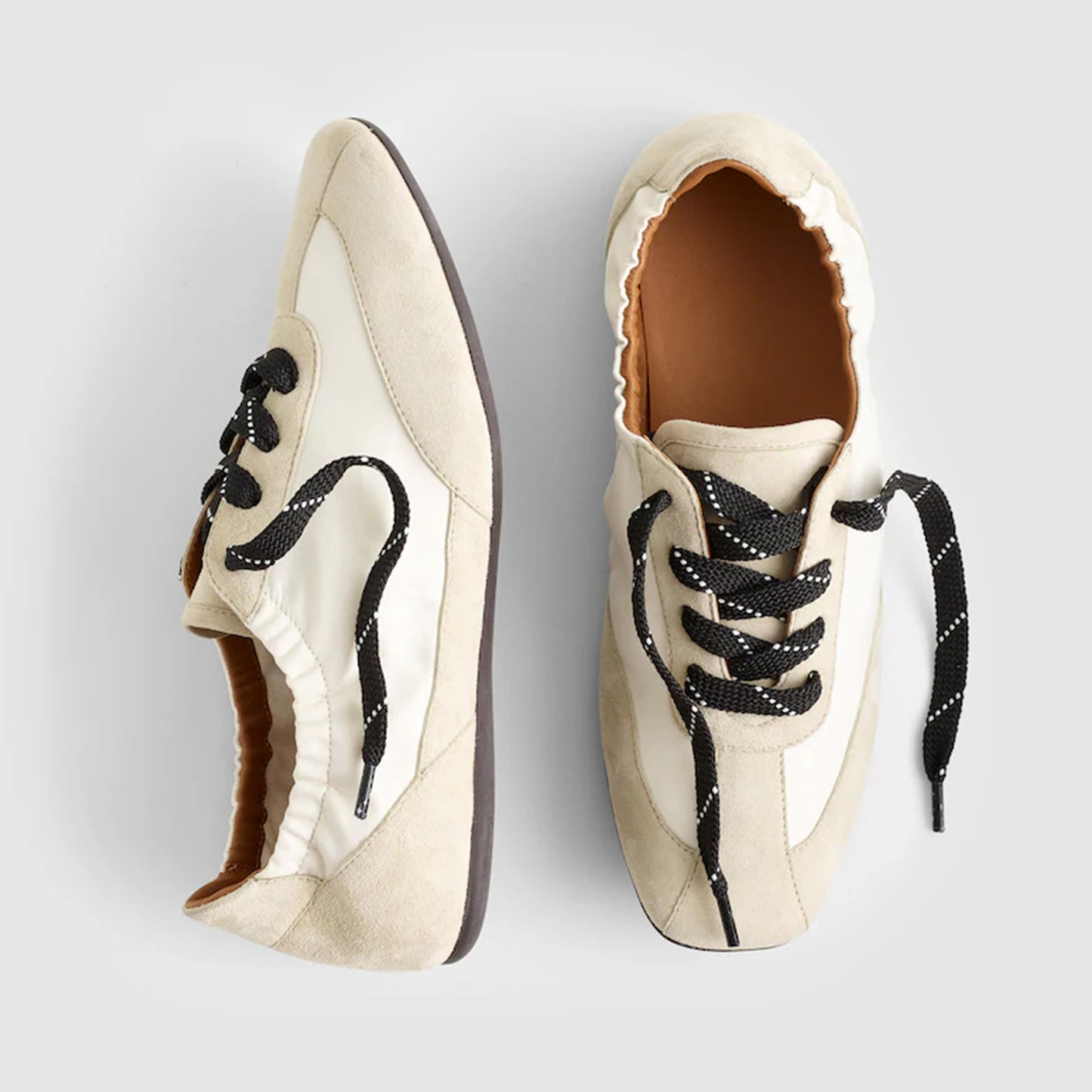 Khaki Cow Suede And Cow Leather Square-Toe Lace-Up Ballet Sneakers