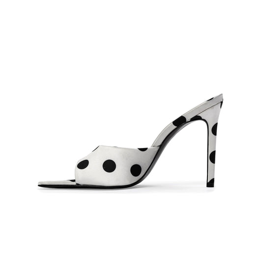 White Satin Polka Dot Open Pointed-Toe Backless High Heels