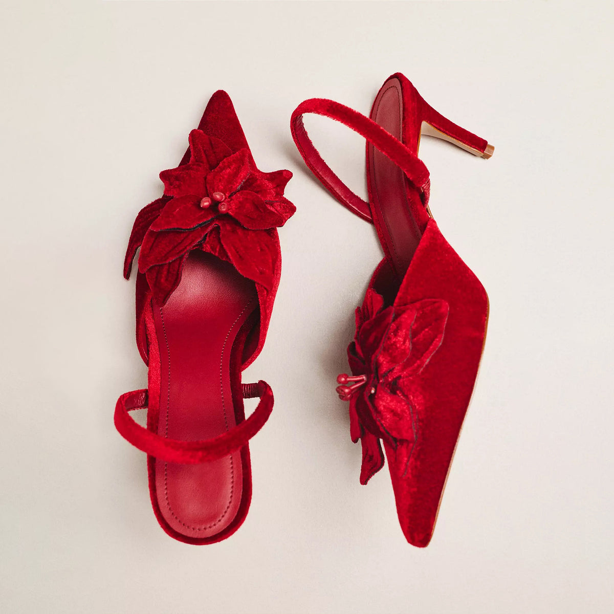 Red Velvet Pointed-Toe Front Floral Applique Slingback Kitten Heels