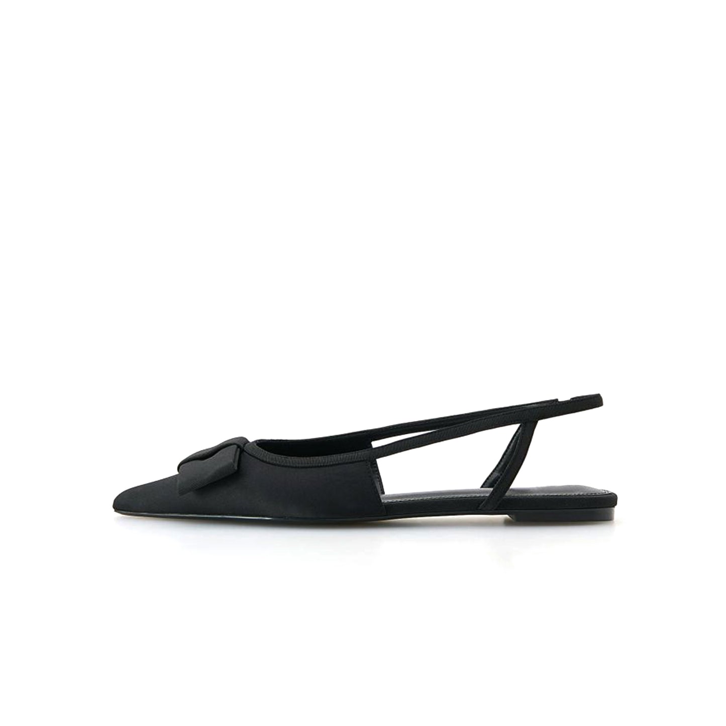 Black Satin Pointed-Toe Front Bow Slingback Flats