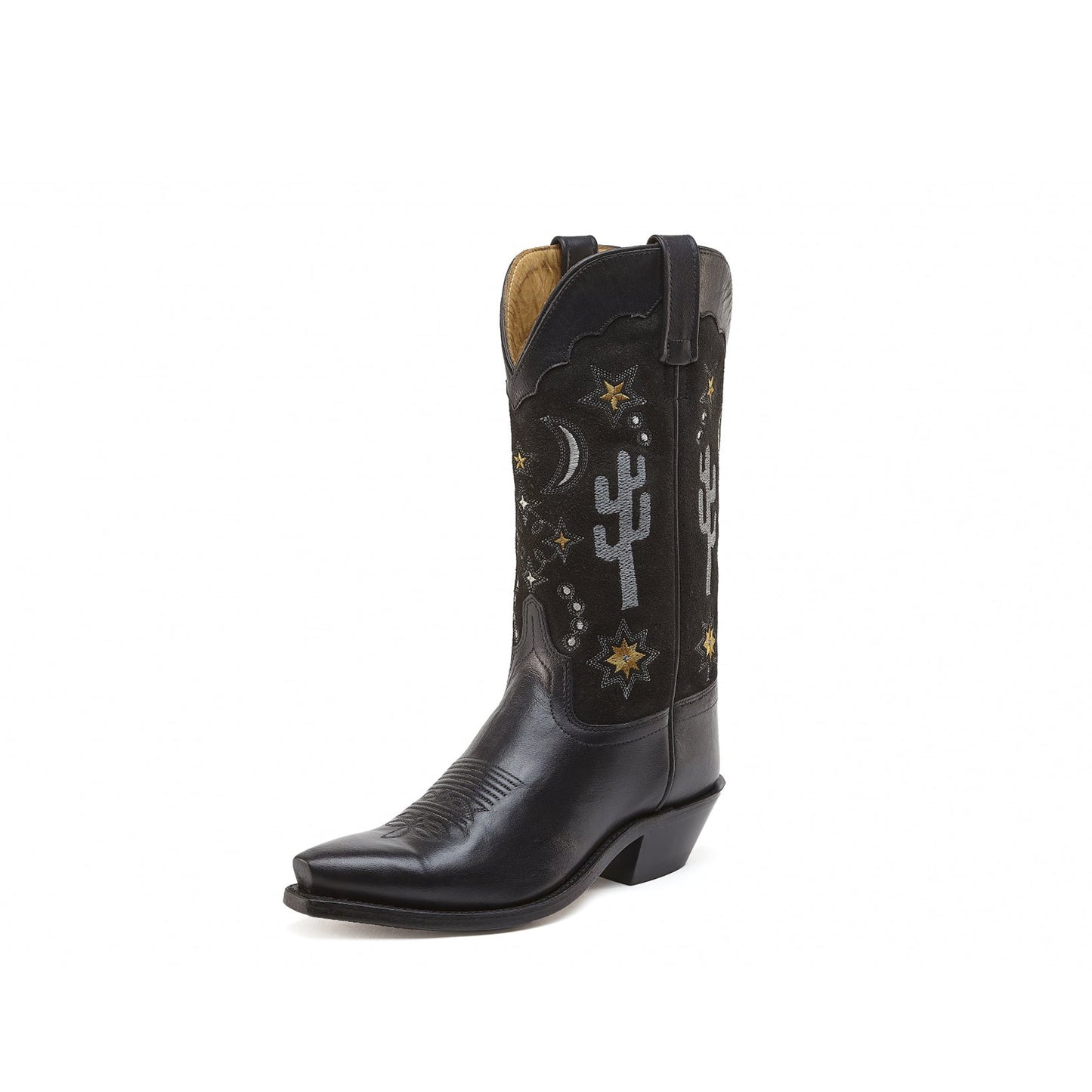 Black Snip-Toe Cactus And Cosmic Embroidery Mid Calf Cowgirl Boots