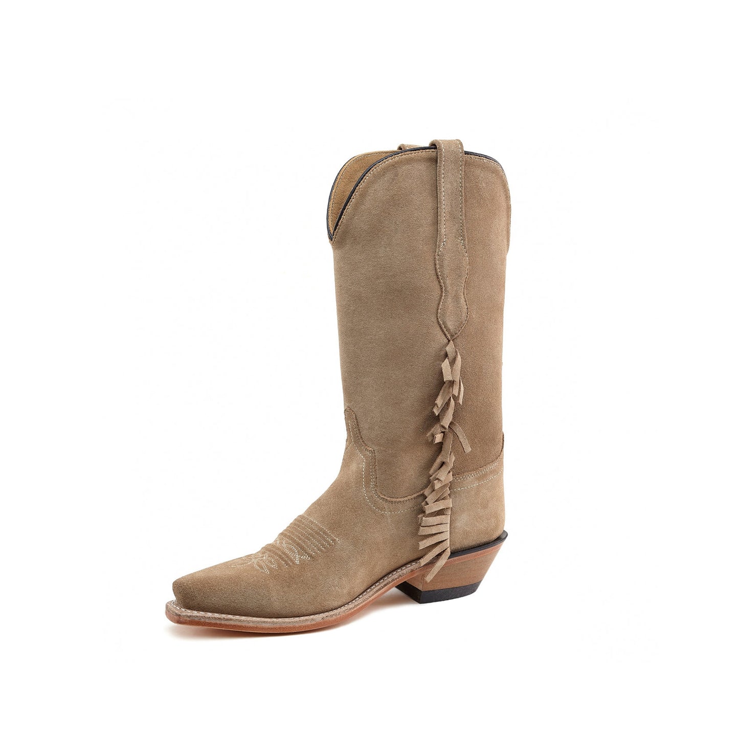 Sand Faux Suede Snip-Toe Short Fringe Mid Calf Cowgirl Boots