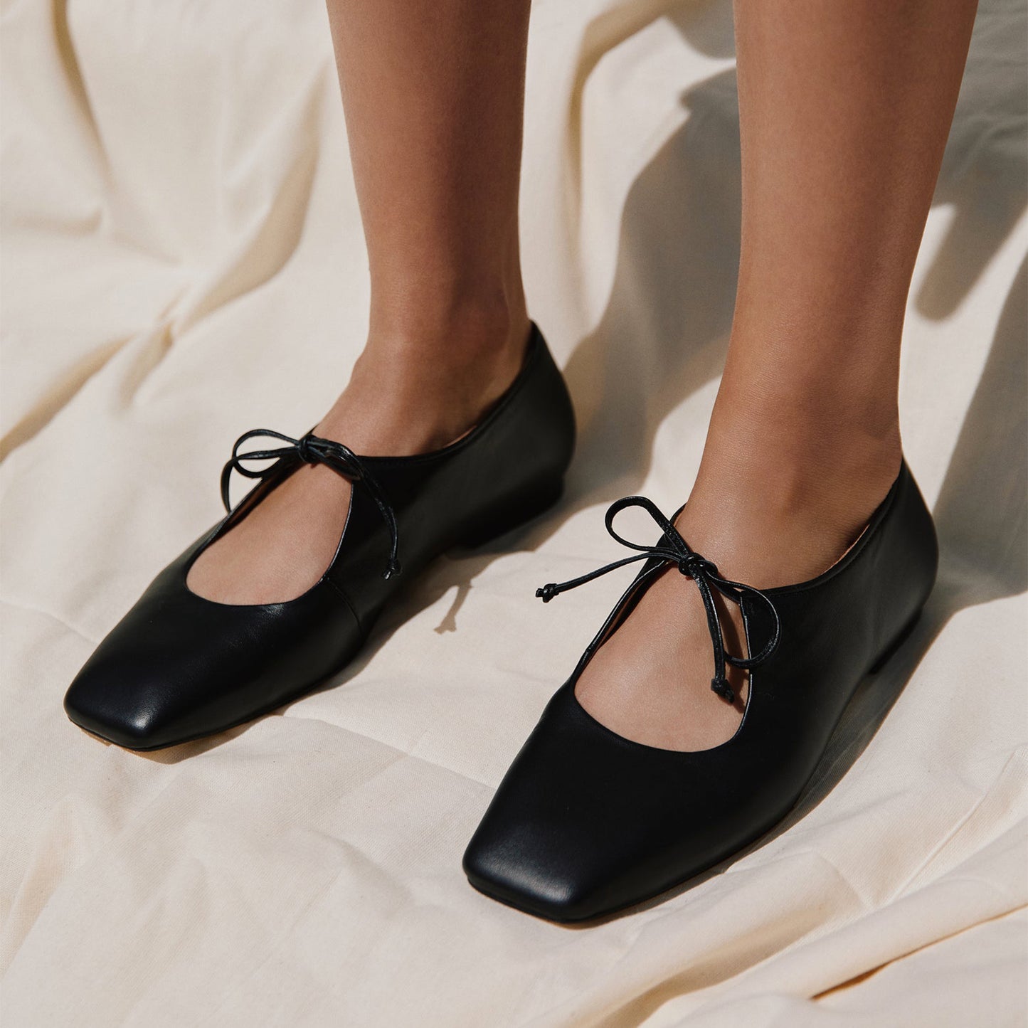 Black Vegan Leather Square-Toe Vamp Strap With Bow Ballet Flats