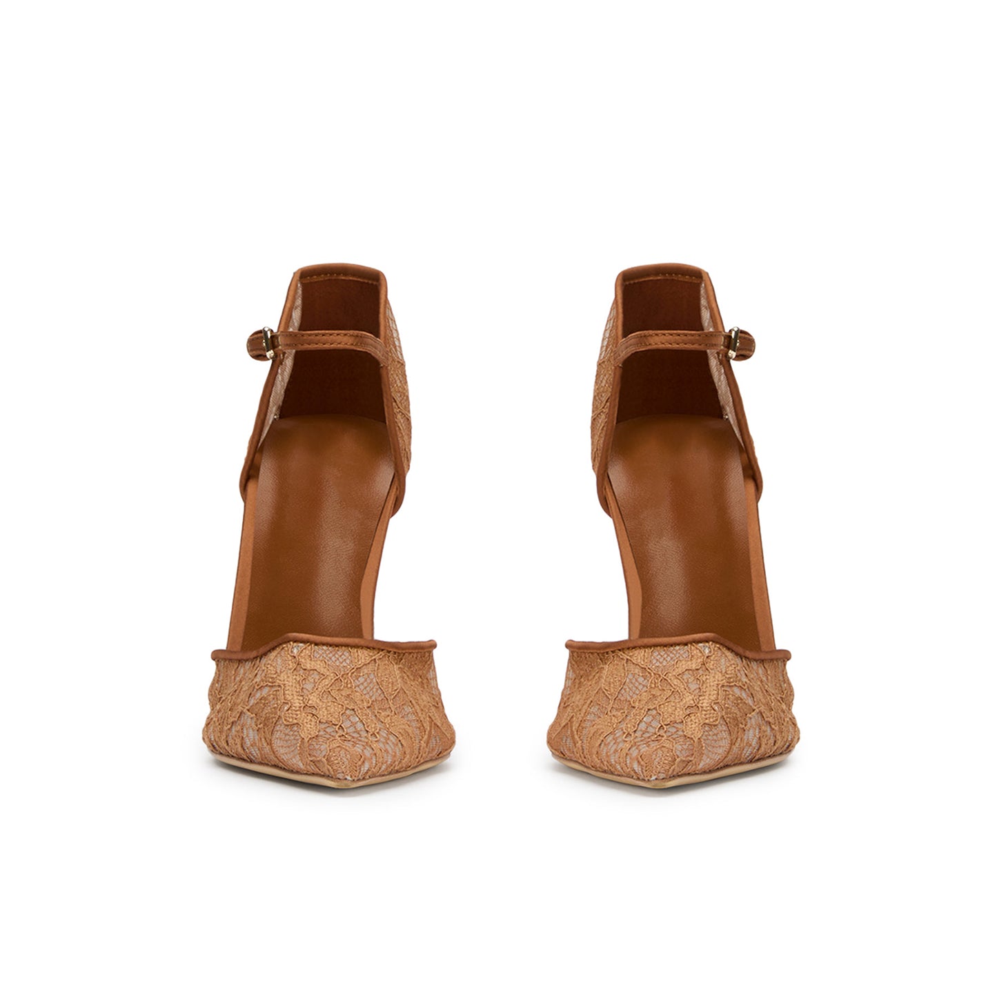 Rust Lace Mesh Pointed-Toe Satin Ankle Strap High Heels