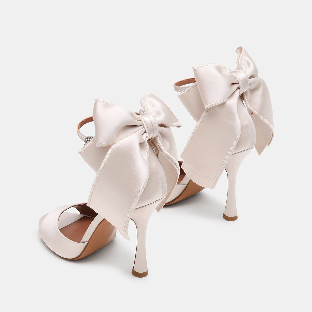 Ivory Satin Round-Toe Back Big Bow And Ankle Strap Chic High Heels
